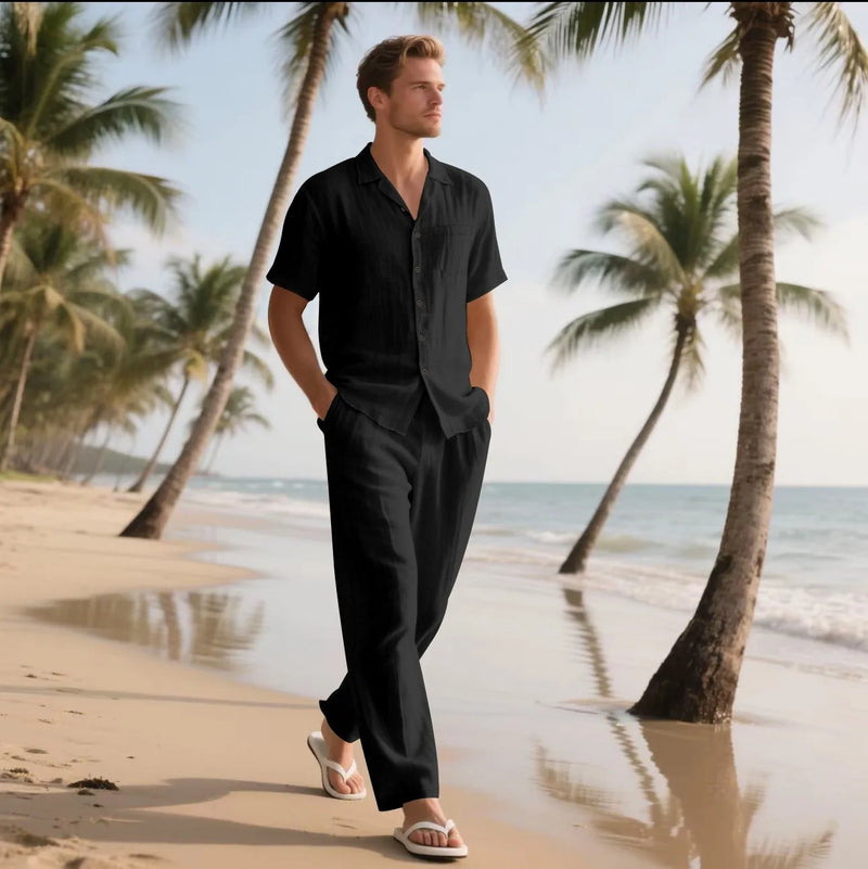 Summer Beach Men's linen short-sleeved shirt set is a two-piece long pants set.