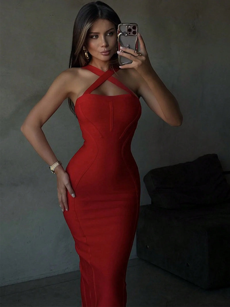 Sexy Halter Red Ribbed Midi Bodycon Dress For Women.
