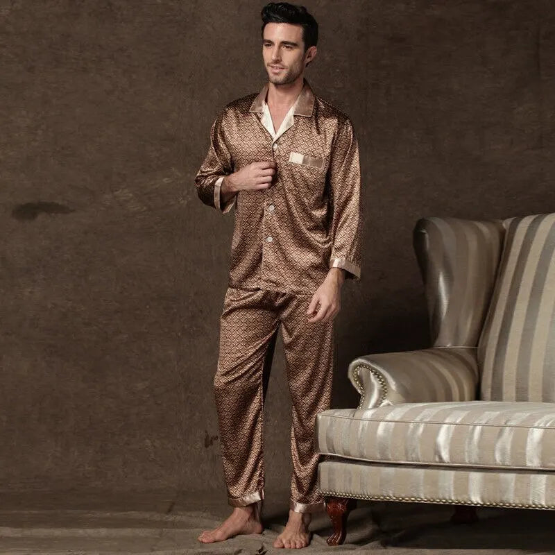 High Quality Pajamas Set Men Spring Autumn Thin Polyester Ice Silk Long-sleeved Sleepwear.