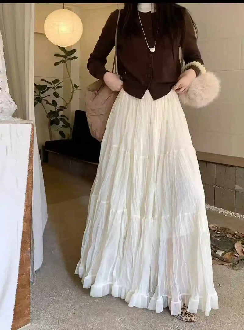 Elegant Pleated Skirt for Women with Elastic Waist Slim Fit A-Line Long.