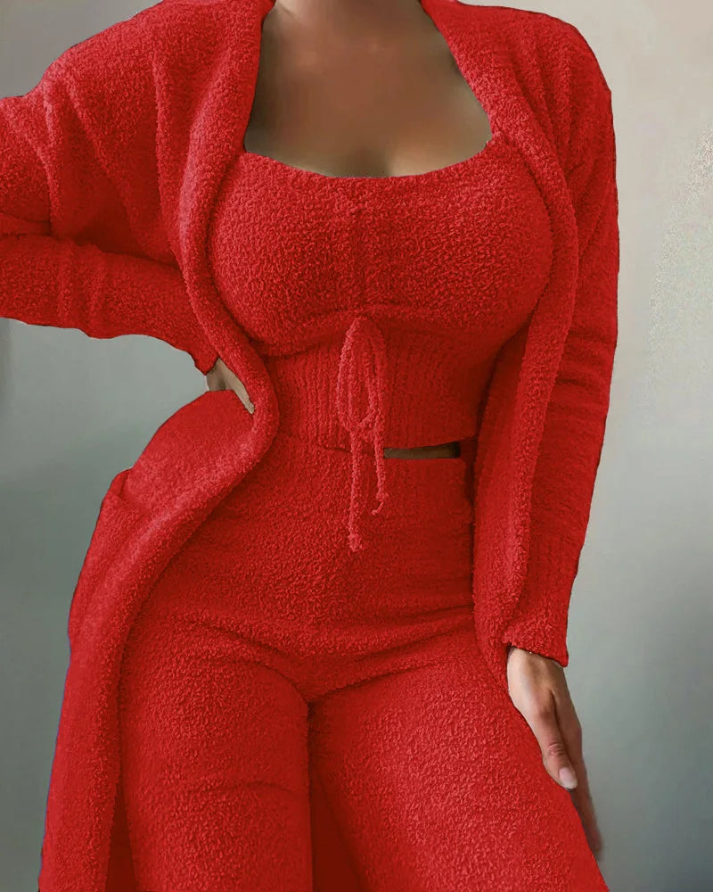 Luxury Women's Plush Pajamas Set Crop Top+Long Pants+Coat 3 Pieces.