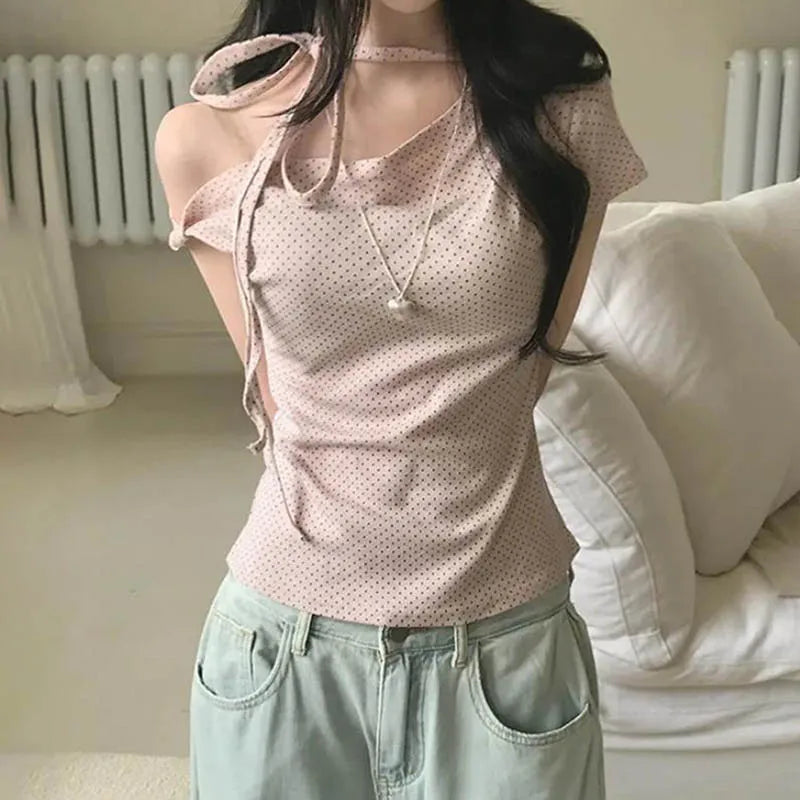 Women's Polka Dot Backless Halter Top Knot Slim Fit Short Sleeve.