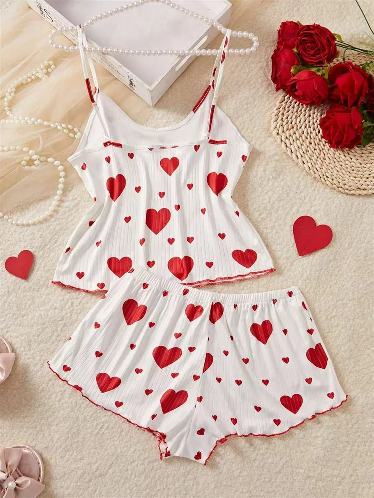 Women's Pajamas Set Straps Sleepwear Vest + Shorts Red Heart Print.