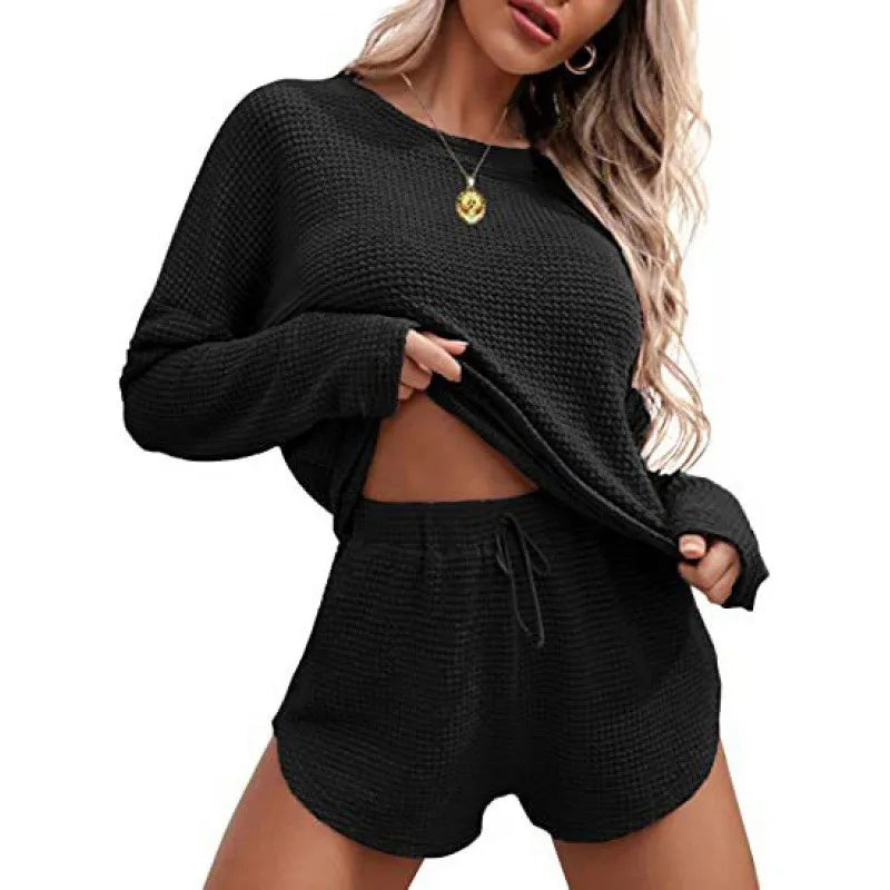 Women's Solid Pajamas Set Long Sleeve Round Neck Top And Shorts Sleepwear.