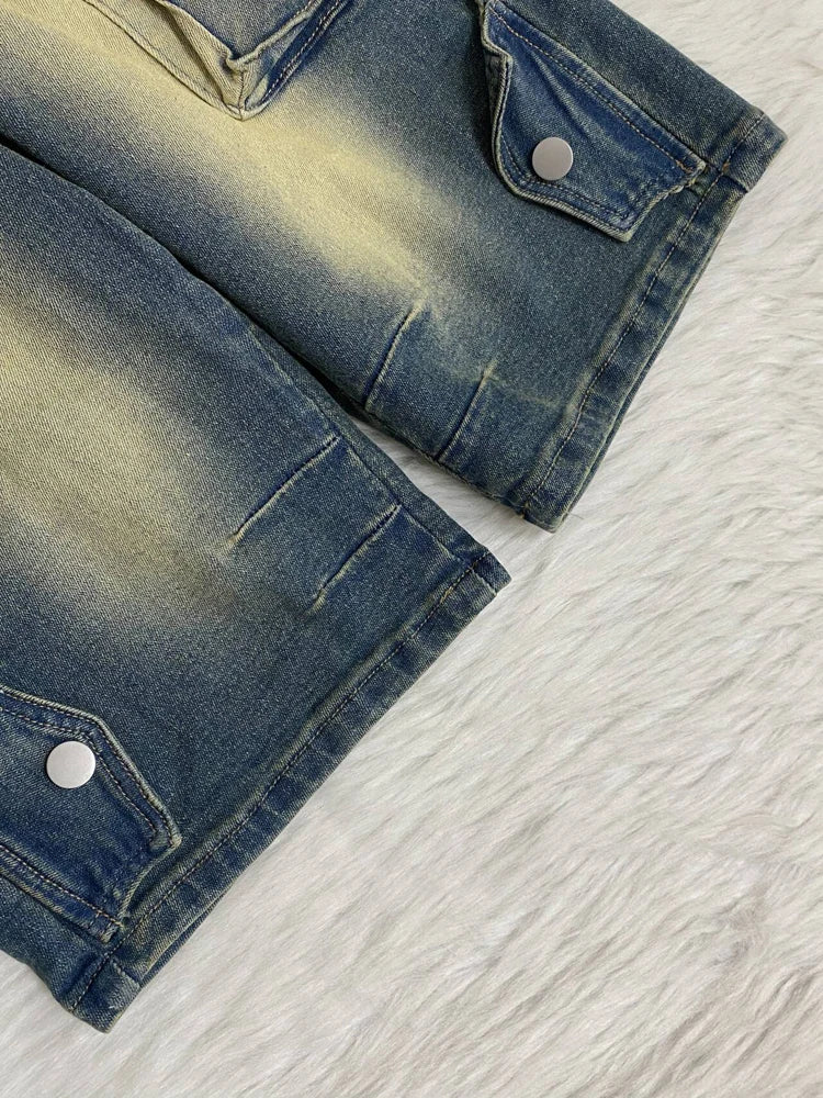 Summer Women High Waisted Jean Shorts Washed Pockets Elastic Straight.