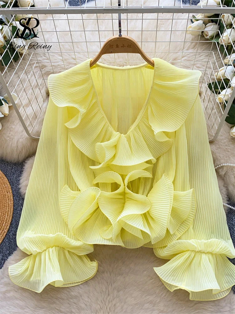 SINGREINY Ruffles Pleated Romantic Tops Thin Spring Summer V Neck.