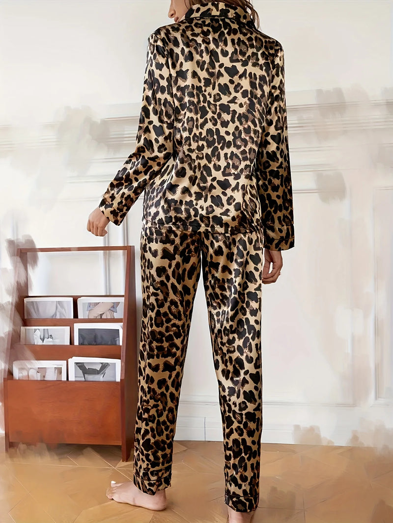 Autumn Winter Silk Satin Leopard Print Pajamas Set for Women Sleepwear.