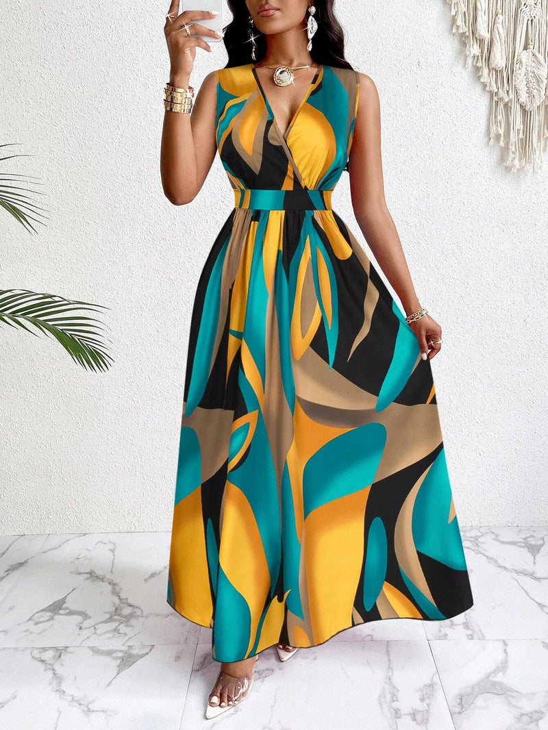 Women’s Tropical Print V-Neck Waist Section Cable Knit Fit And Flare Dress.