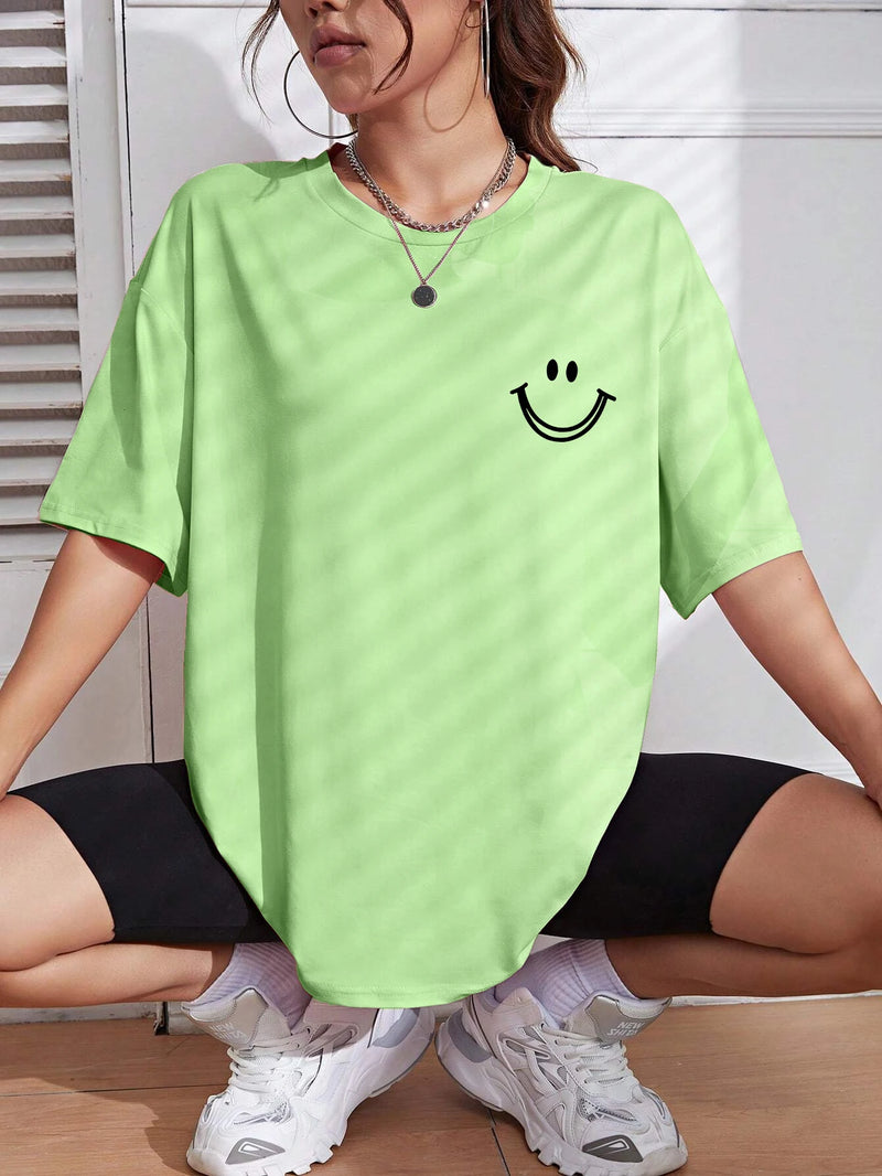 Happy Expression Printed Womens Cotton Short Sleeve Street Hip Hop Tee.