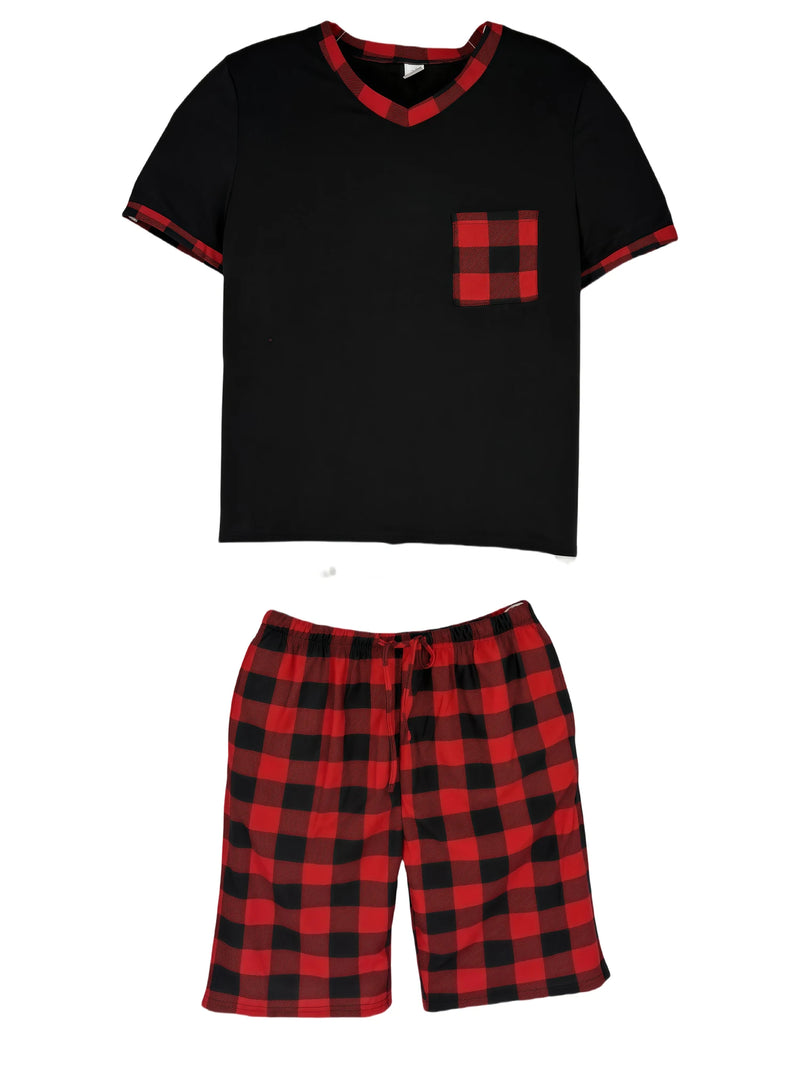 Mens Pajama Sets Short Sleeve Plaid Pajamas.
