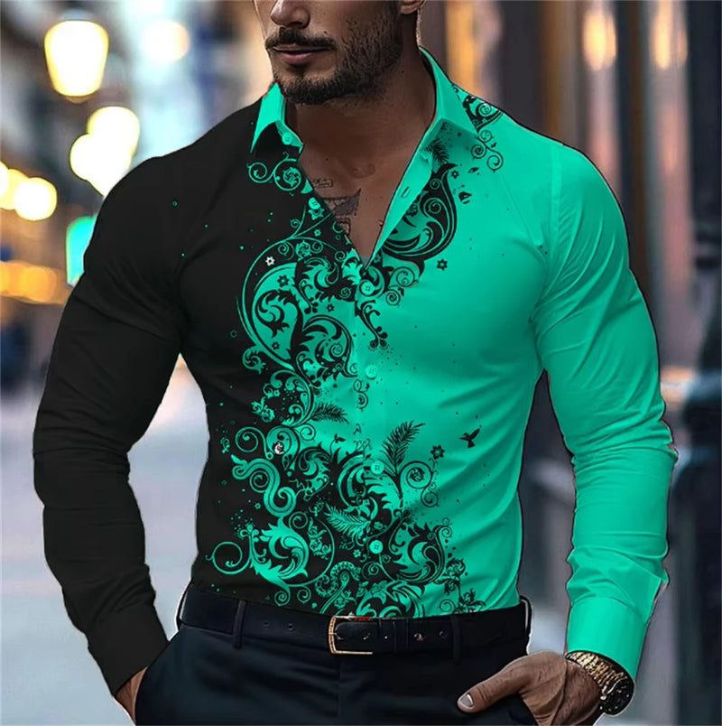 Men's Stylish Red Floral Print Dress Shirt - Casual Long Sleeve Button-Up.