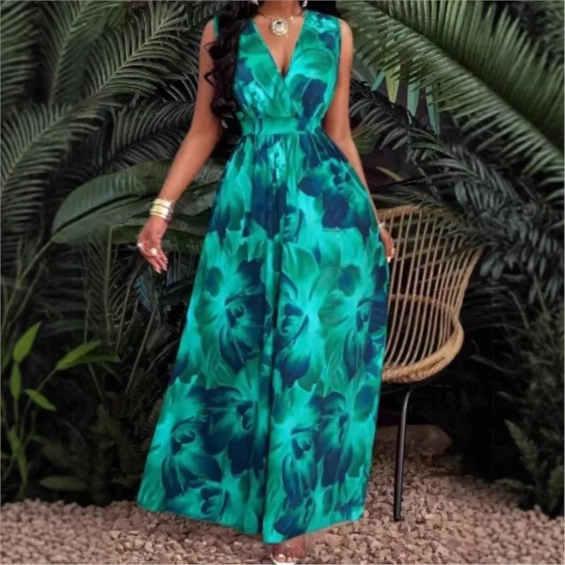 Women's Dress Summer Sexy Fashion V-neck Top Lace-Up Printed Pleated.
