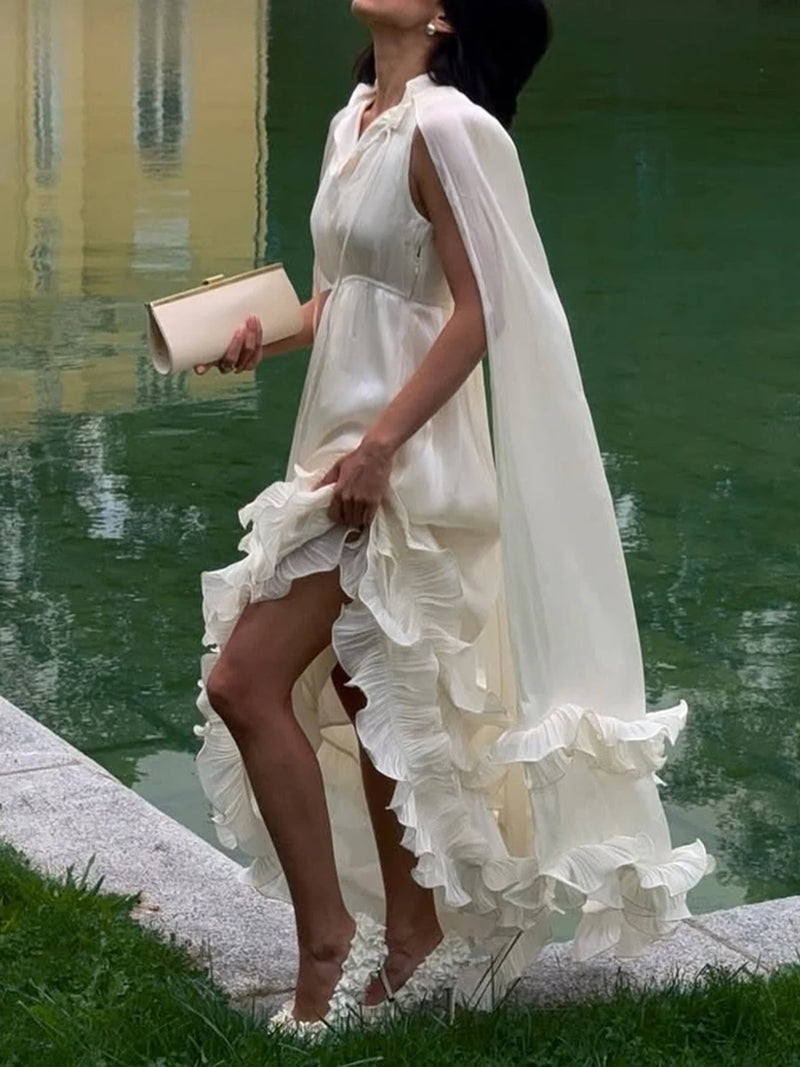VGH Solid Spliced Ruffles Cape Long Dresses for Women.