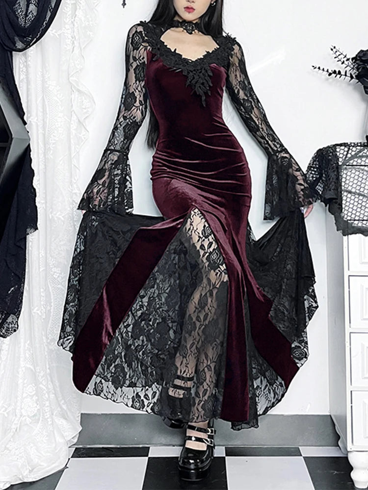 AltGoth Aesthetic Gothic Midi Dress Women Vintage.