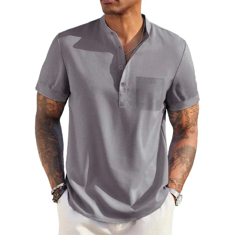Summer Men's Cotton Linen T-Shirt Henley Neck Pocket Casual Lightweight.