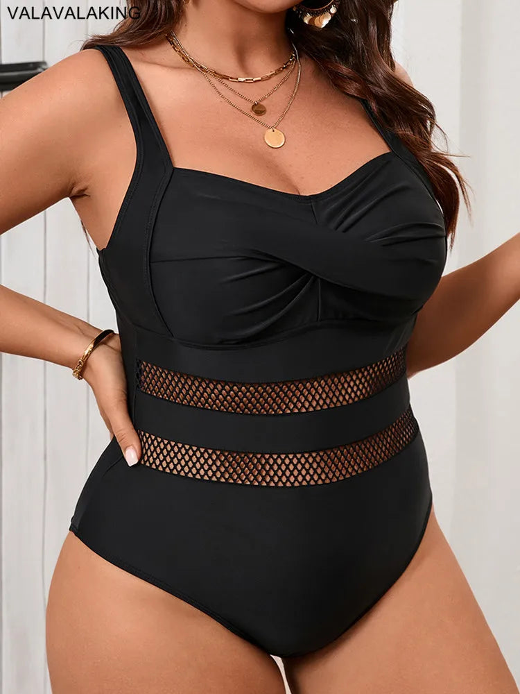 Black Cross Push UP Plus Size Swimwear Women Patchwork Large One Piece.
