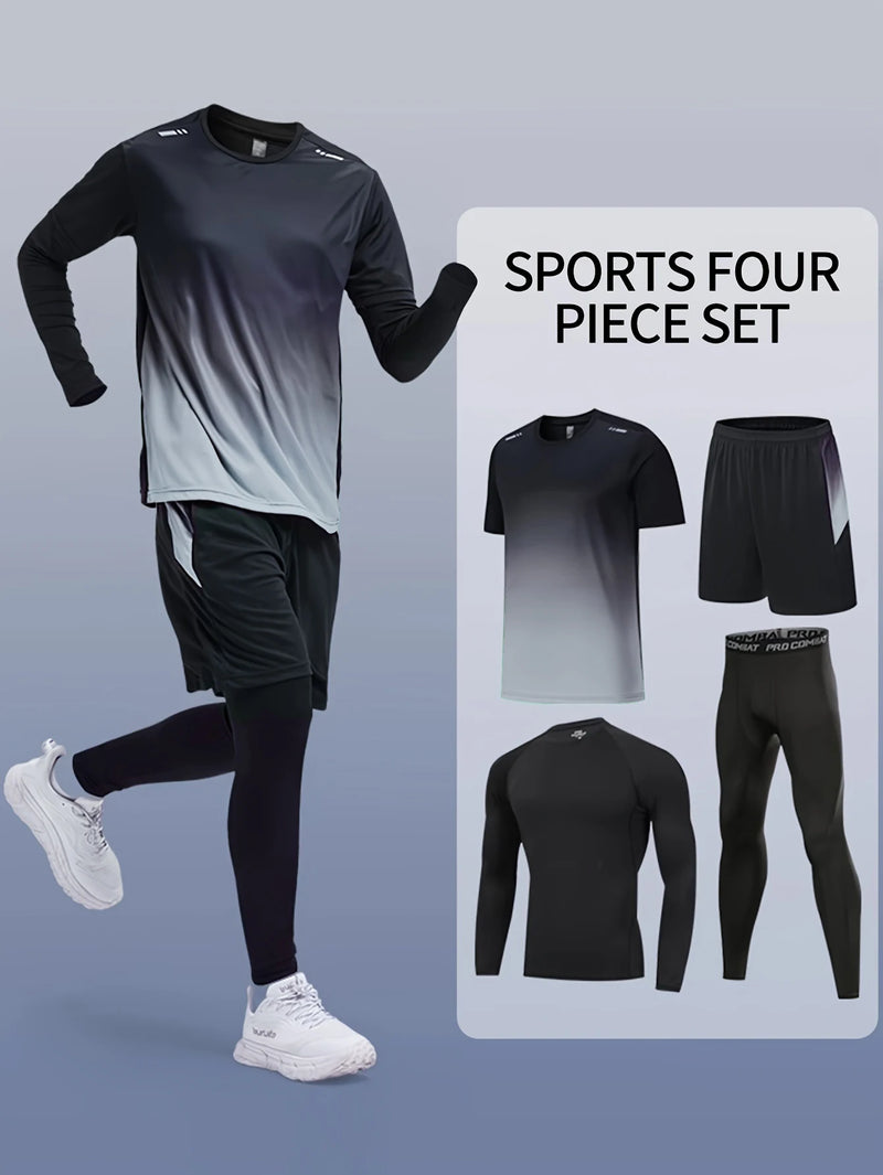 Men's Sports 4pcs Set, High Stretch Gradient Color T-shirt Active Shorts Leggings.