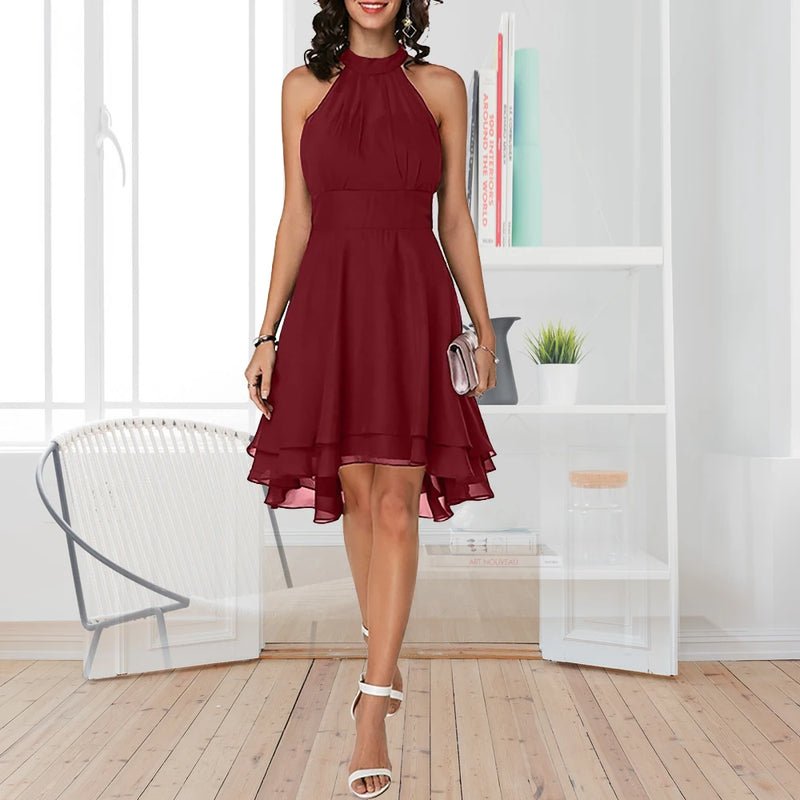 Women’s Elegant Dress Summer Solid High Waist Halter Sleeveless Midi Dresses.