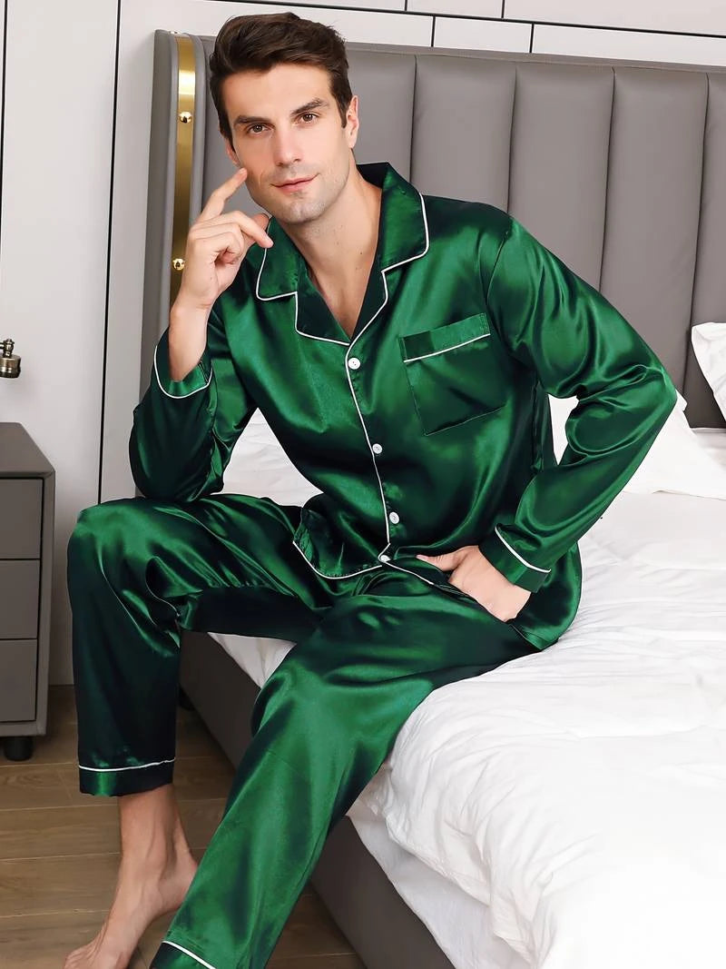 Men's Satin Pajama Set For Men Long Sleeve Button-down Top.