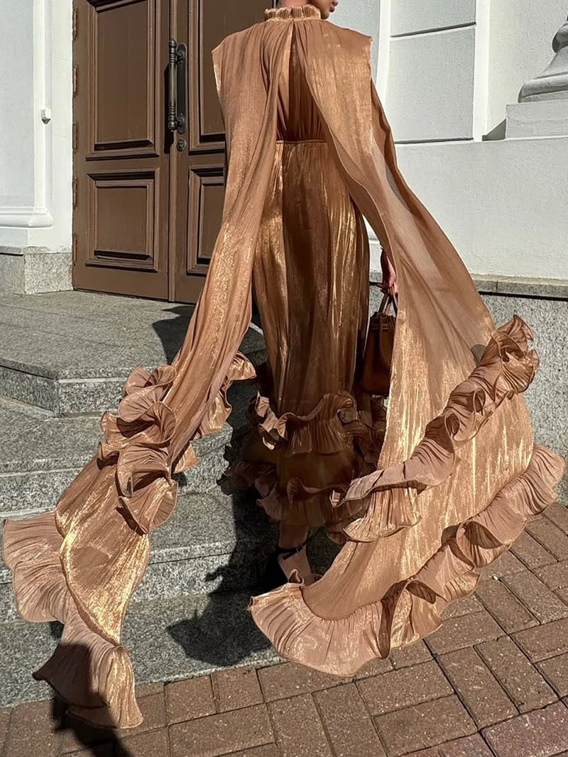 VGH Solid Spliced Ruffles Cape Long Dresses for Women.