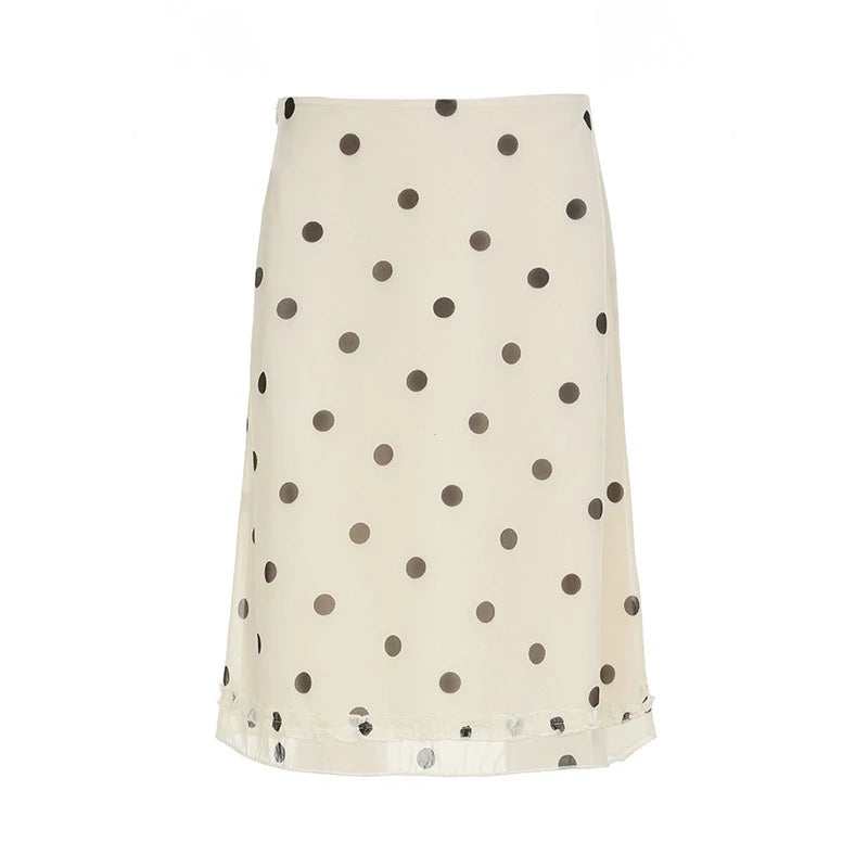 Casual Women Polka Dot Skirts Lettuce Trim Beige Elegant Midi Skirts.
