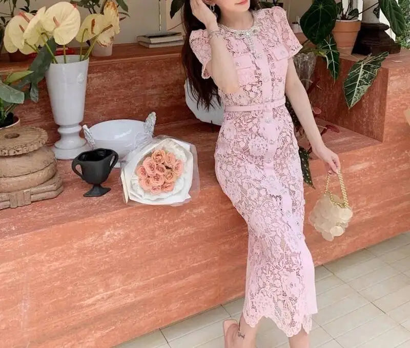 Women’s Lace Midi Dress Diamonds Bow Pink Floral Crystal Short Sleeve.