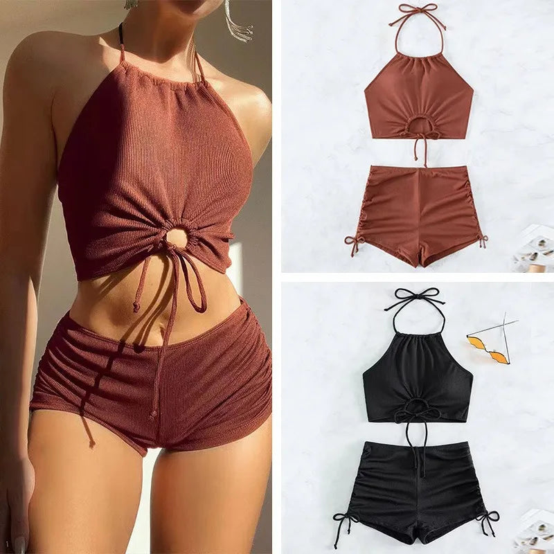 Solid Color Halter Neck Bikini Separate Swimwear Women's Sexy Strapless.