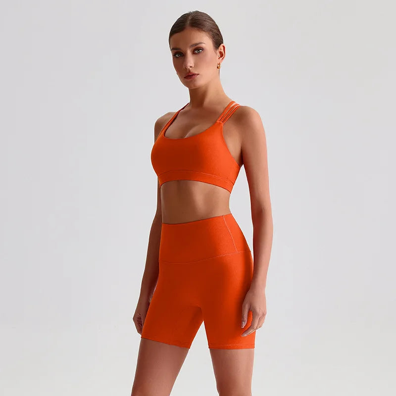 Solid Color Gym Yoga Set Short Legging Cross Back Shoulder Strap Sport Bra Tracksuit Women.
