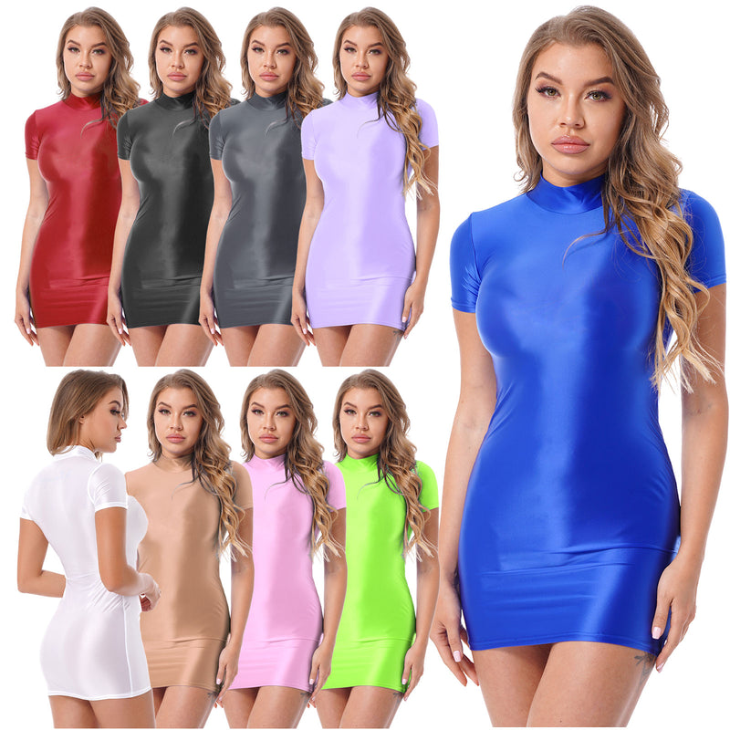 Women’s Oil Glossy Tights Mini Dress Sexy Party Clubwear.