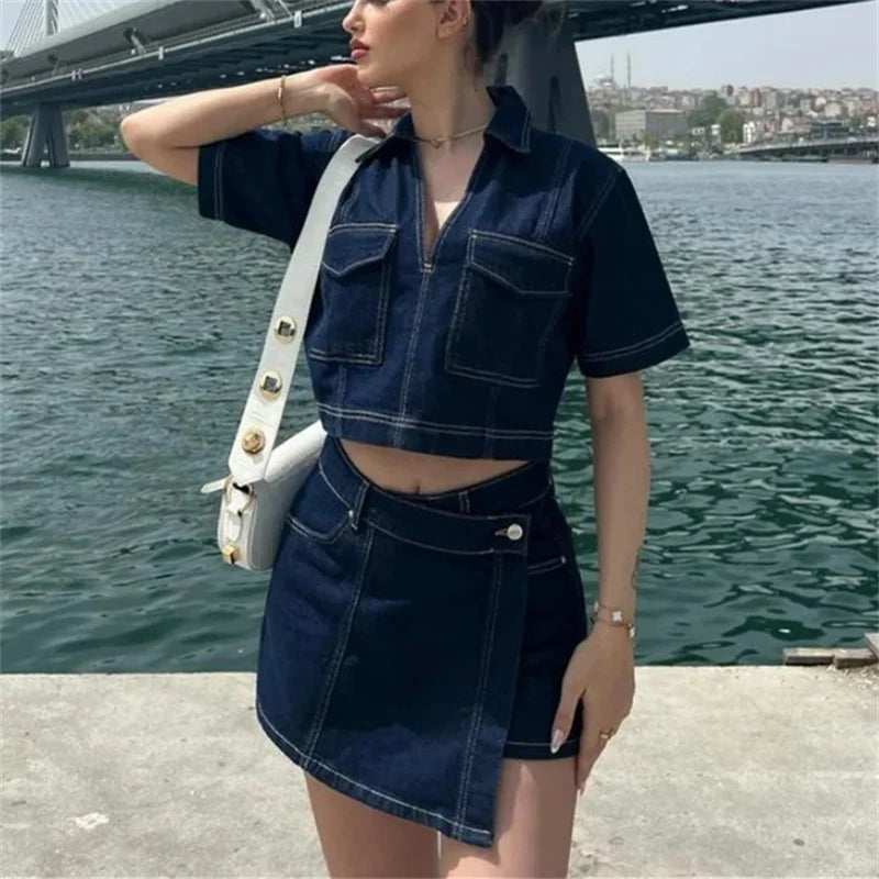 MUJER Blue Denim Shirt Woman Short Sleeve Cropped Shirt Women Summer.