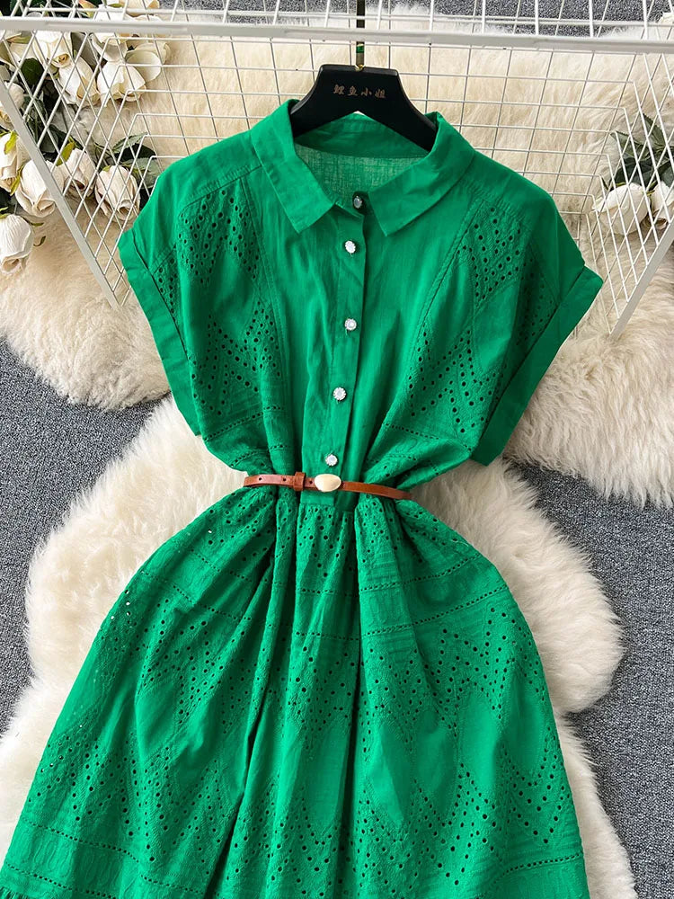 Women Summer Dress Loose Breasted Lace Up Long Dress.