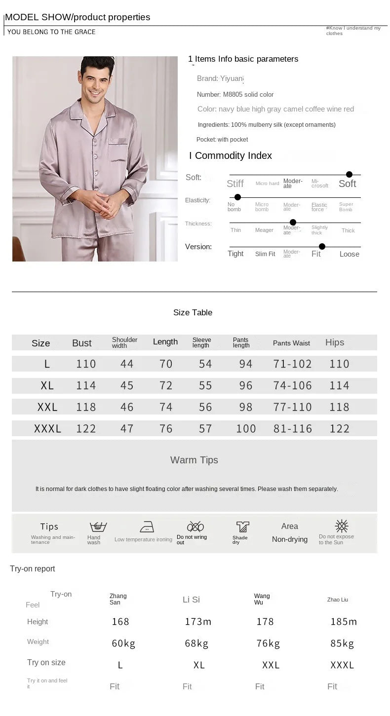 Men's Two Sets Sleepwear Summer Soft Long Sleeve  Home Wear  Mulberry Silk Pijimas.