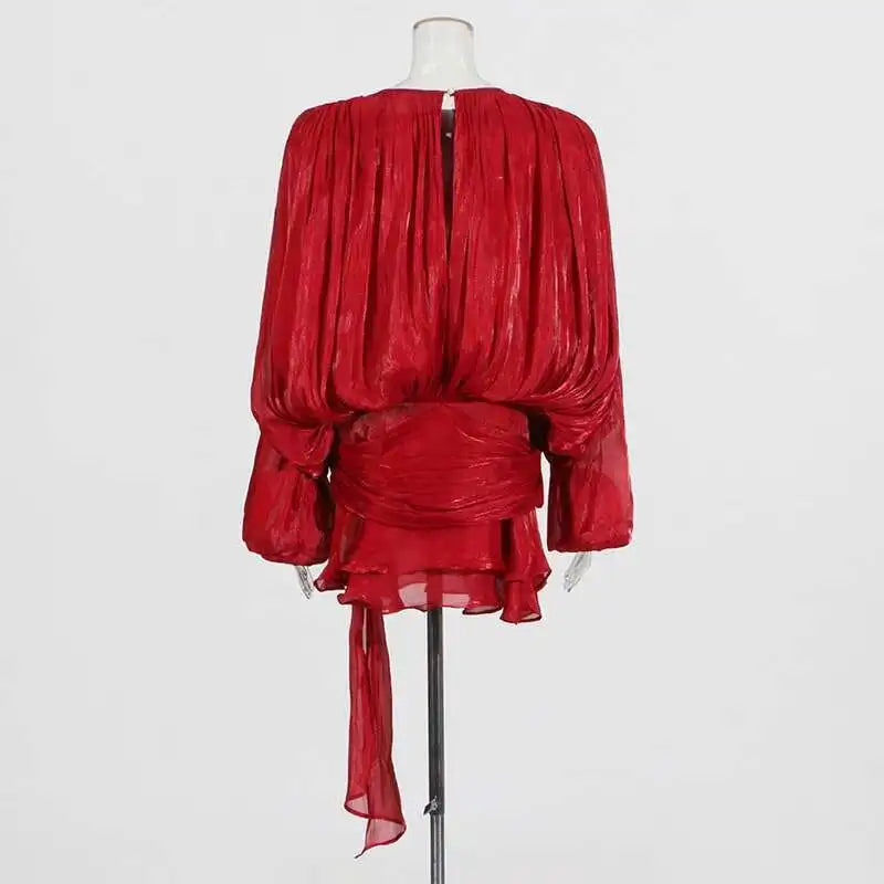 TWOTWINSTYLE Solid Blouse Mini Dresses For Women V Neck Long Sleeve.