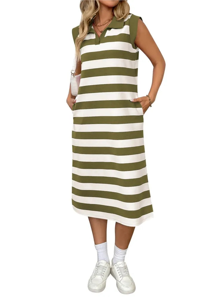 Women's Striped Pocket Lapel Sleeveless Long Dress Fashion.