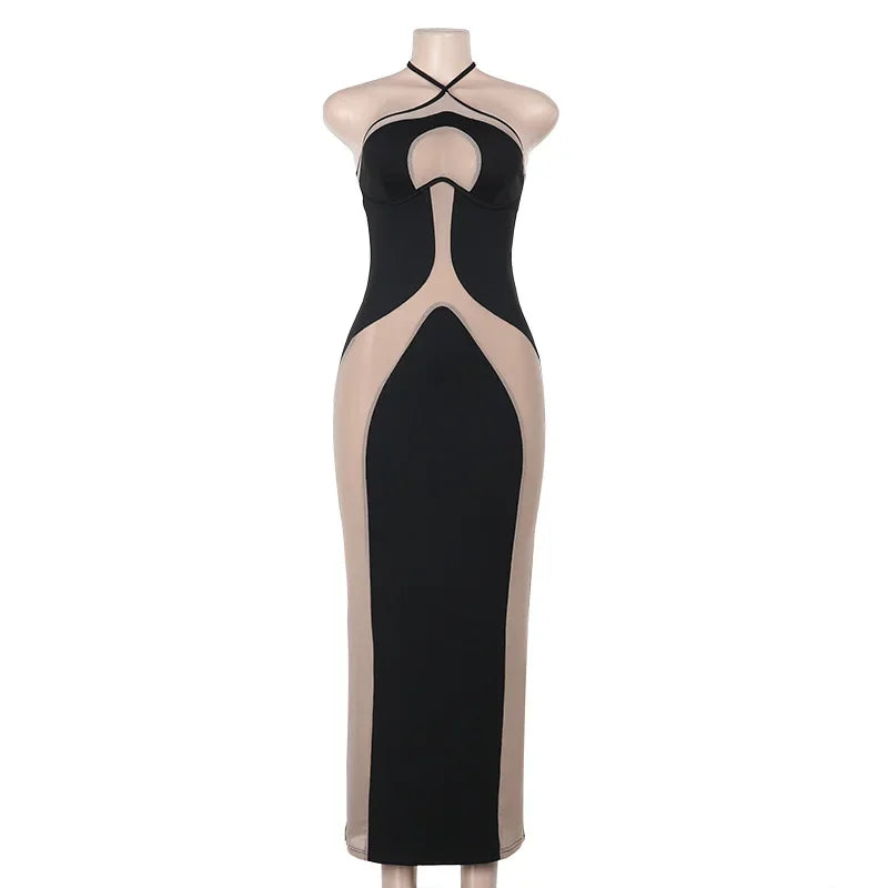 Mesh Patchwork Halter Neck Dresses for Women.