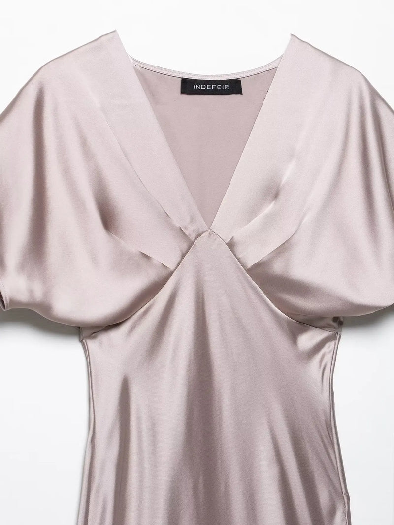Women’s Sexy V Neck Satin Long Dress.