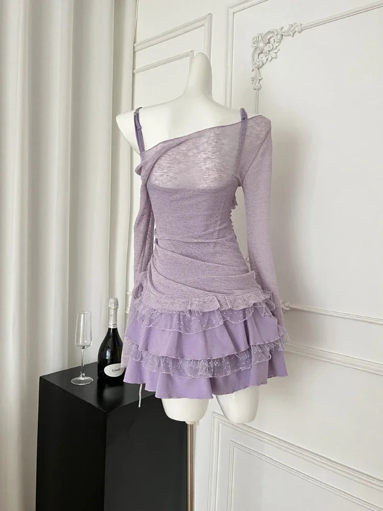 Korean Sexy Fashion Elegant 2 Piece Set Women Bow Lace Tops+Slim Fit Chic Dress.
