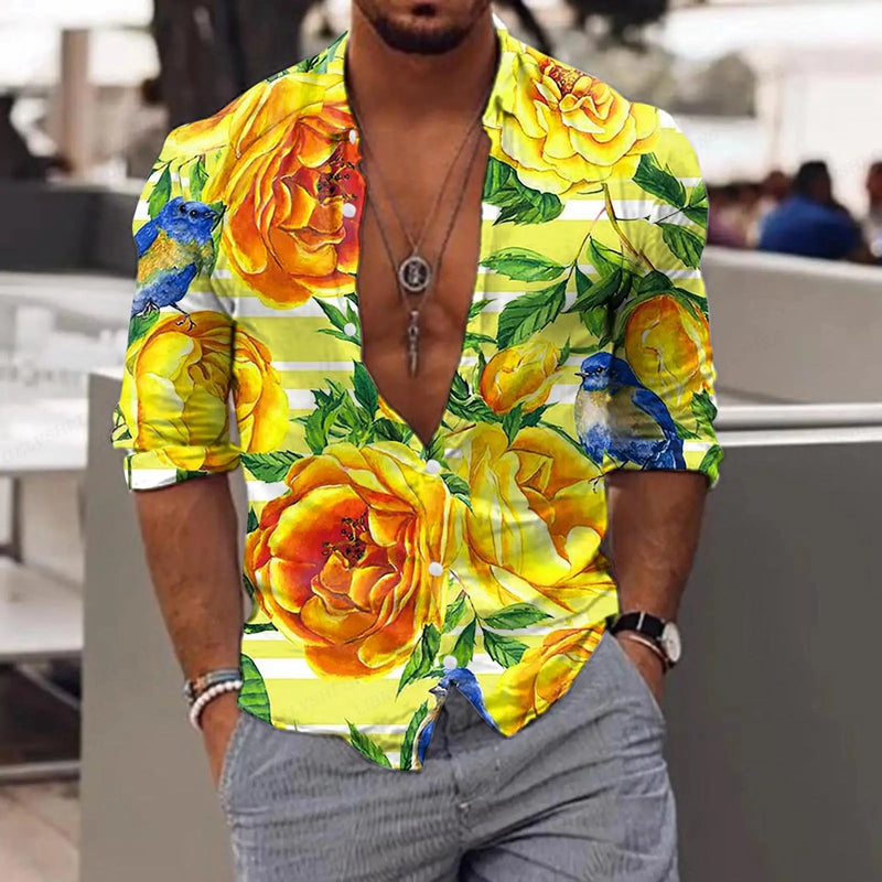 New Trend Men's Shirts Casual Floral Printed Lapel Button Long Sleeve.