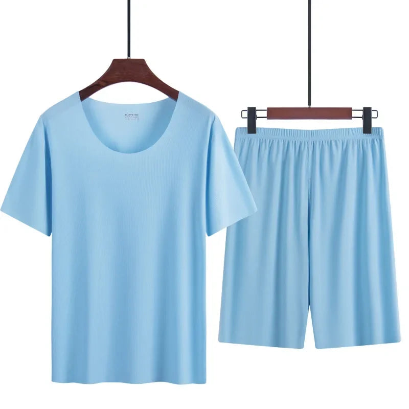 Men's two-piece ice silk pajamas Loungewear.