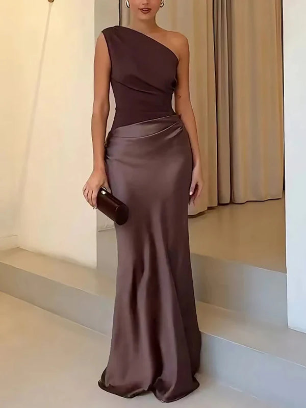 Women’s Mozision Satin Inclined Shoulder Sexy Maxi Dress.