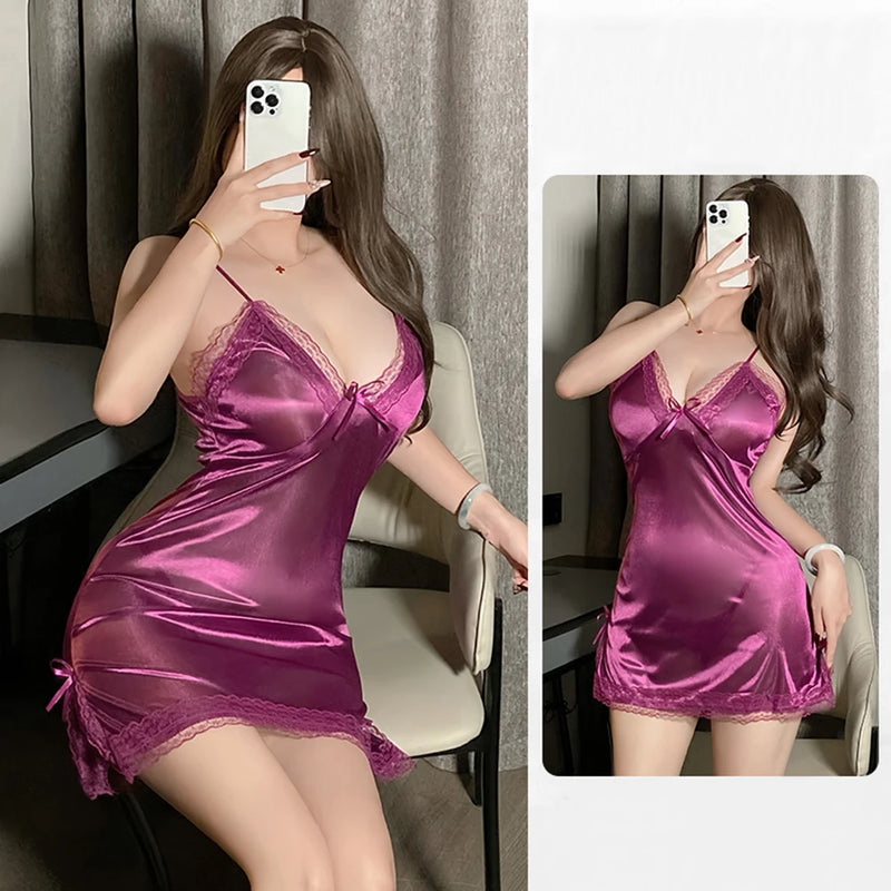 Sexy Women's Translucent Nightwear Satin Suspender Short Nightdress.