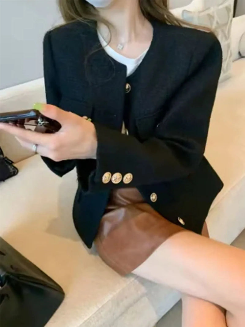 French Wool Tweed Coat Fashion High-end Gold Button Short Slim for Women.