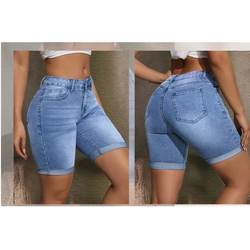 Women's Mid Rise Stretchy Denim Bermuda Shorts.
