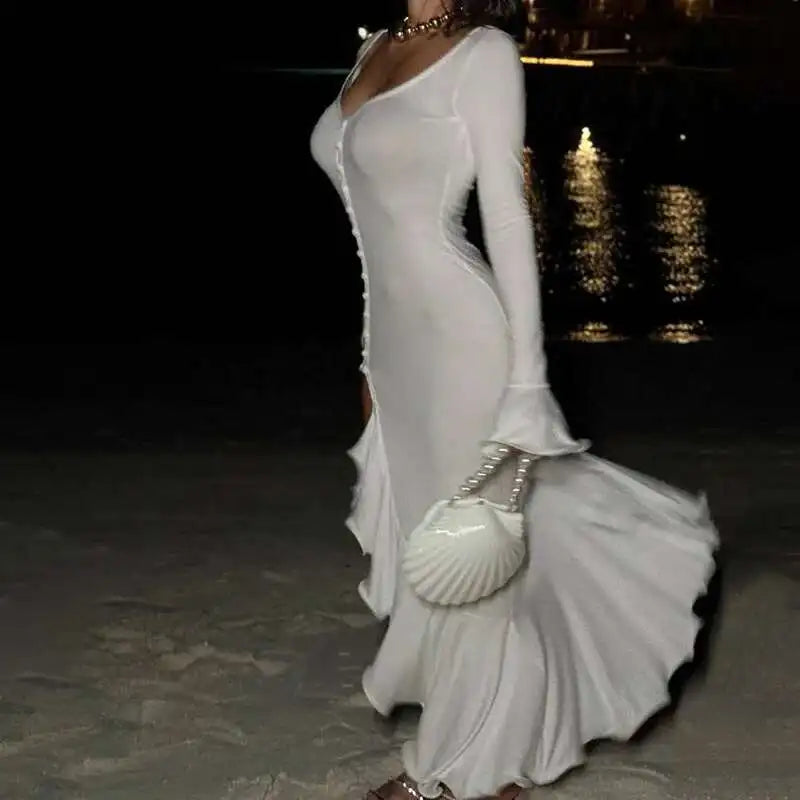 Women’s Mozision Flare Long Sleeve Ruffle Sexy Maxi Dress.