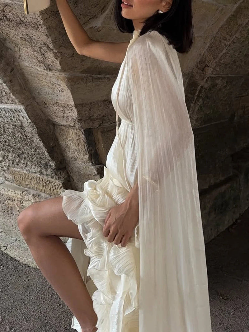 VGH Solid Spliced Ruffles Cape Long Dresses for Women.