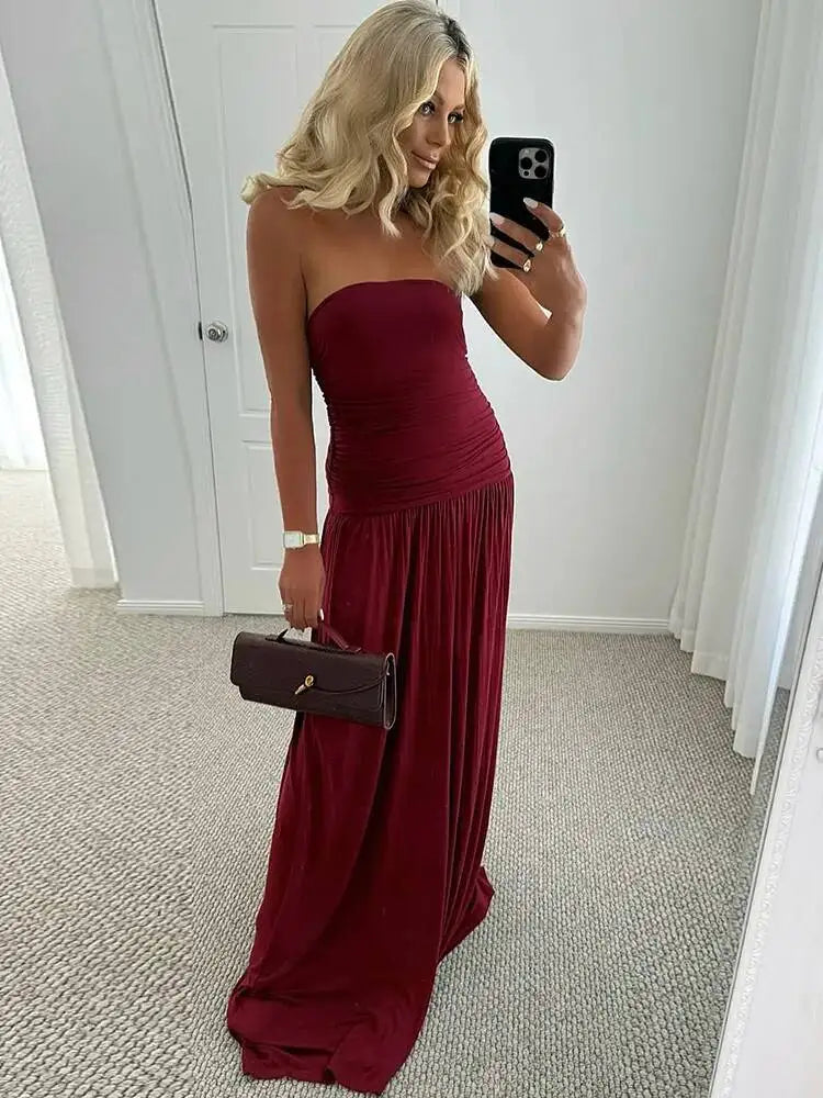 Mozision Off-shoulder Strapless Pleated Sexy Maxi Dress Women.
