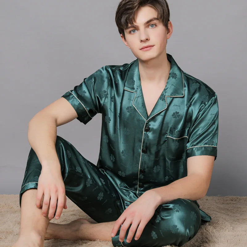 Men Ice Silk Pajamas Suit Summer Plus Size.