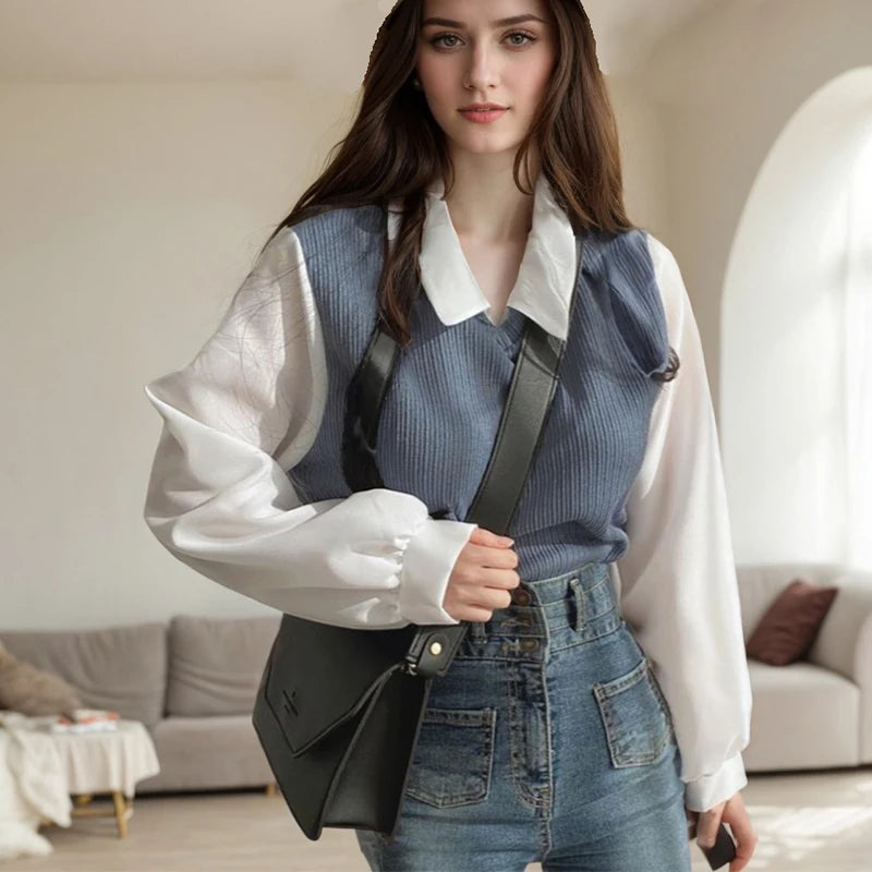 Streetwear Loose Pullovers Top Shirt Casual False Two-piece Patchwork.