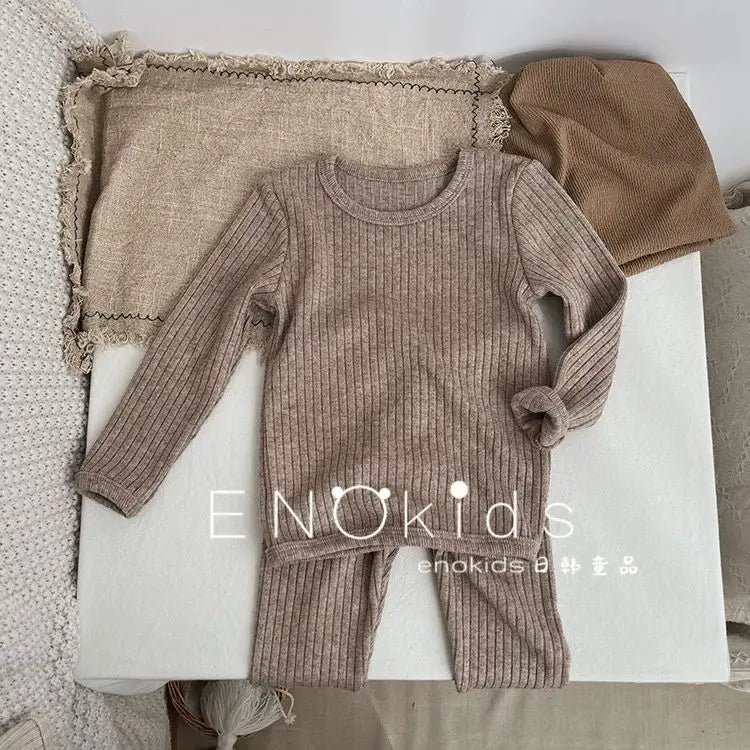Kids Girls 2PCS Pajamas Set Cotton Round Collar Ribbed.