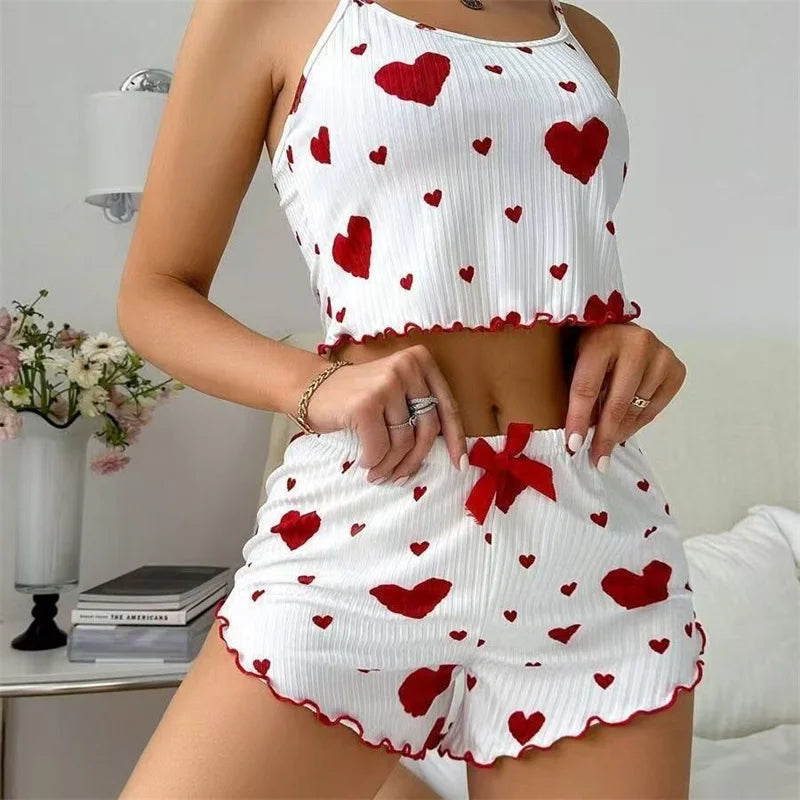 Women's Pajamas Set Straps Sleepwear Vest + Shorts Red Heart Print.